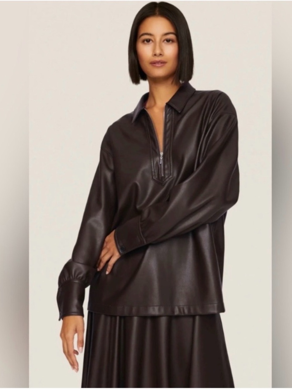 Rebecca Taylor Brown Vegan Leather Half zip Shirt size xs
